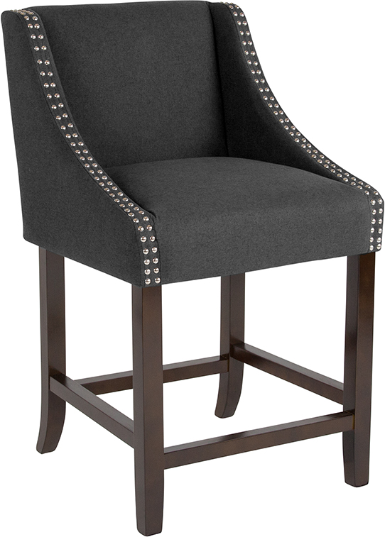 Wholesale Carmel Series 24" High Transitional Walnut Counter Height Stool with Accent Nail Trim in Charcoal Fabric