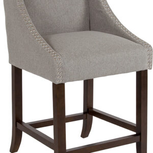 Wholesale Carmel Series 24" High Transitional Walnut Counter Height Stool with Accent Nail Trim in Light Gray Fabric