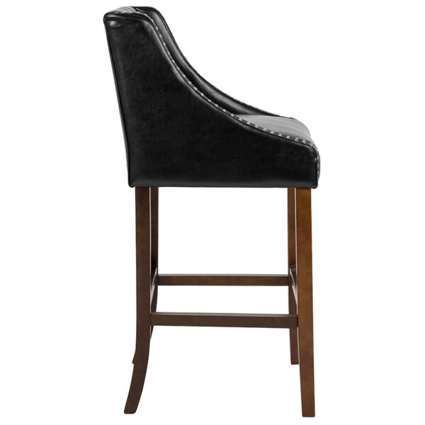 Lowest Price Carmel Series 30" High Transitional Tufted Walnut Barstool with Accent Nail Trim in Black Leather
