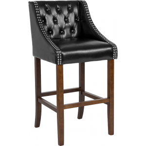 Wholesale Carmel Series 30" High Transitional Tufted Walnut Barstool with Accent Nail Trim in Black Leather