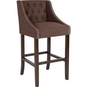 Wholesale Carmel Series 30" High Transitional Tufted Walnut Barstool with Accent Nail Trim in Brown Fabric