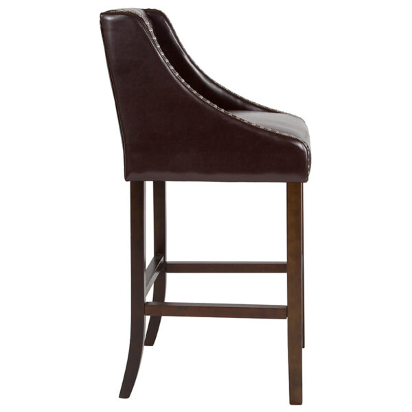 Lowest Price Carmel Series 30" High Transitional Tufted Walnut Barstool with Accent Nail Trim in Brown Leather