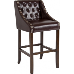 Wholesale Carmel Series 30" High Transitional Tufted Walnut Barstool with Accent Nail Trim in Brown Leather