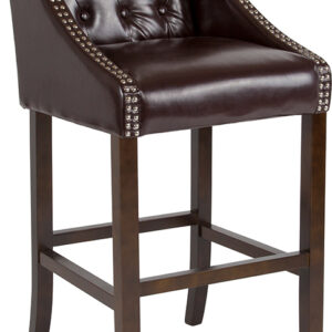 Wholesale Carmel Series 30" High Transitional Tufted Walnut Barstool with Accent Nail Trim in Brown Leather