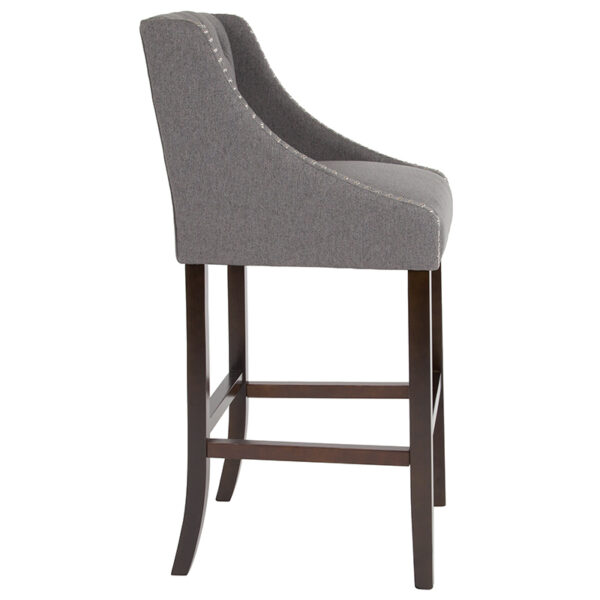 Lowest Price Carmel Series 30" High Transitional Tufted Walnut Barstool with Accent Nail Trim in Dark Gray Fabric