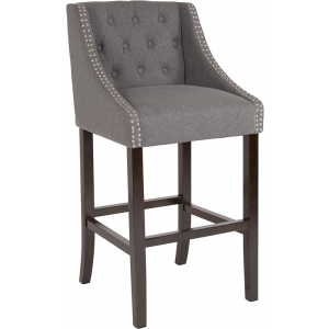 Wholesale Carmel Series 30" High Transitional Tufted Walnut Barstool with Accent Nail Trim in Dark Gray Fabric