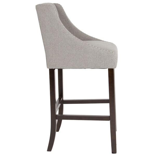 Lowest Price Carmel Series 30" High Transitional Tufted Walnut Barstool with Accent Nail Trim in Light Gray Fabric