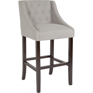 Wholesale Carmel Series 30" High Transitional Tufted Walnut Barstool with Accent Nail Trim in Light Gray Fabric