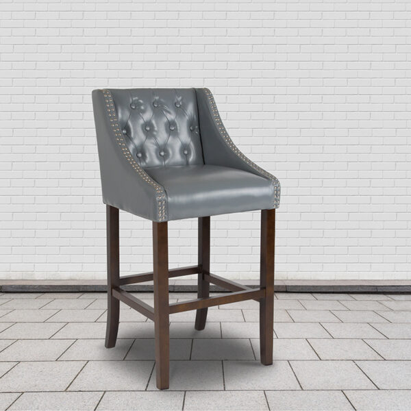 Lowest Price Carmel Series 30" High Transitional Tufted Walnut Barstool with Accent Nail Trim in Light Gray Leather