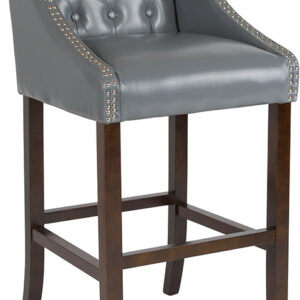 Wholesale Carmel Series 30" High Transitional Tufted Walnut Barstool with Accent Nail Trim in Light Gray Leather