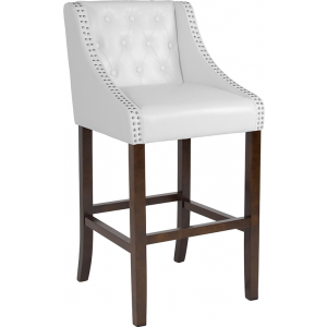 Wholesale Carmel Series 30" High Transitional Tufted Walnut Barstool with Accent Nail Trim in White Leather