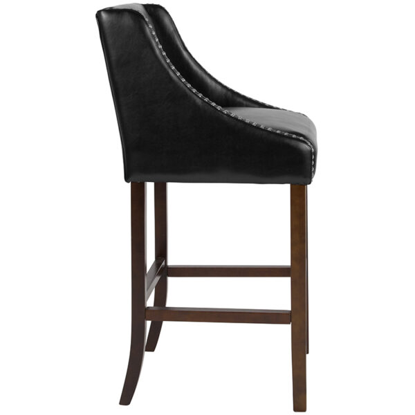 Lowest Price Carmel Series 30" High Transitional Walnut Barstool with Accent Nail Trim in Black Leather