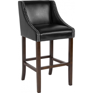 Wholesale Carmel Series 30" High Transitional Walnut Barstool with Accent Nail Trim in Black Leather