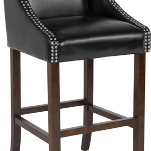 Wholesale Carmel Series 30" High Transitional Walnut Barstool with Accent Nail Trim in Black Leather