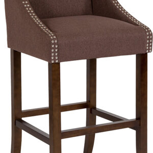 Wholesale Carmel Series 30" High Transitional Walnut Barstool with Accent Nail Trim in Brown Fabric