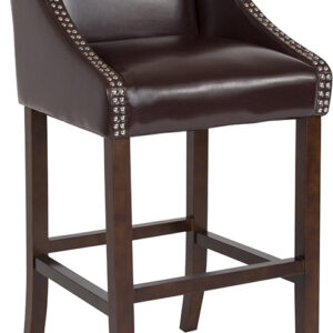 Wholesale Carmel Series 30" High Transitional Walnut Barstool with Accent Nail Trim in Brown Leather
