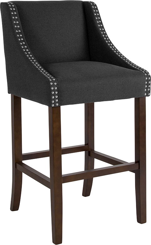 Wholesale Carmel Series 30" High Transitional Walnut Barstool with Accent Nail Trim in Charcoal Fabric