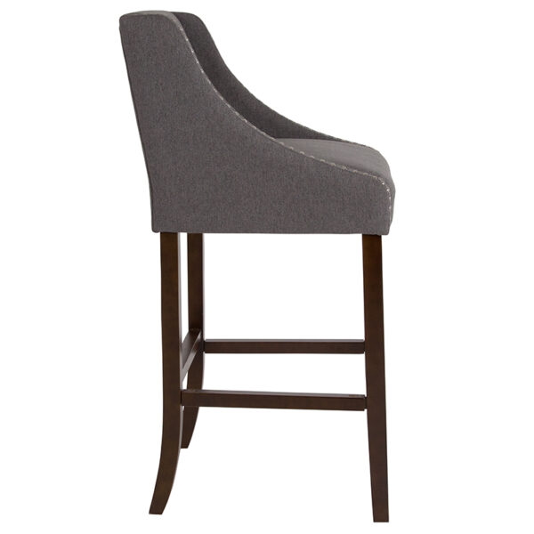 Lowest Price Carmel Series 30" High Transitional Walnut Barstool with Accent Nail Trim in Dark Gray Fabric
