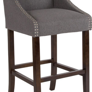 Wholesale Carmel Series 30" High Transitional Walnut Barstool with Accent Nail Trim in Dark Gray Fabric