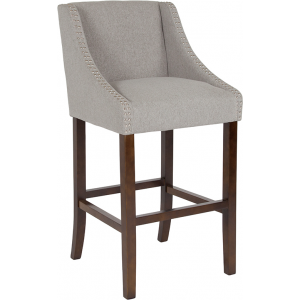 Wholesale Carmel Series 30" High Transitional Walnut Barstool with Accent Nail Trim in Light Gray Fabric