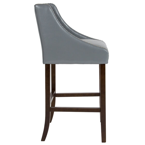 Lowest Price Carmel Series 30" High Transitional Walnut Barstool with Accent Nail Trim in Light Gray Leather