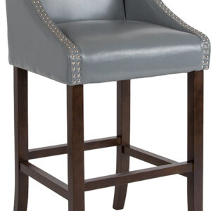 Wholesale Carmel Series 30" High Transitional Walnut Barstool with Accent Nail Trim in Light Gray Leather