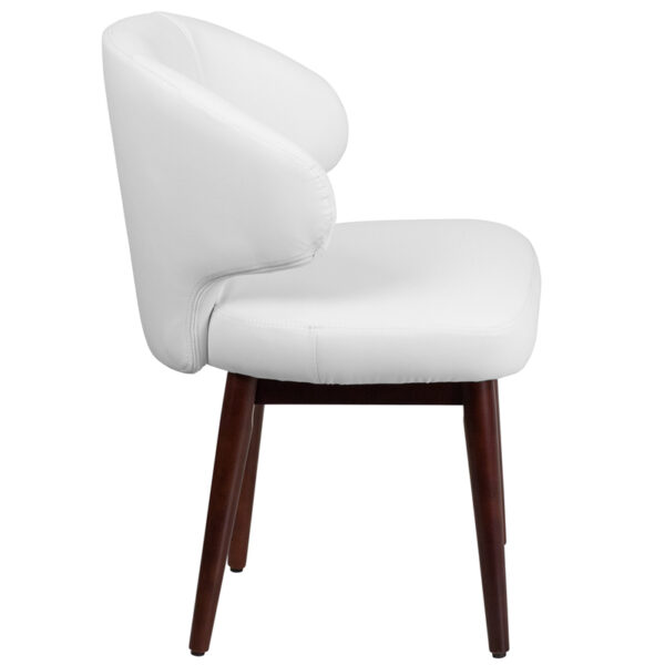 Lowest Price Comfort Back Series White Leather Side Reception Chair with Walnut Legs