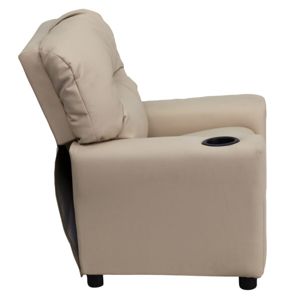Lowest Price Contemporary Beige Vinyl Kids Recliner with Cup Holder