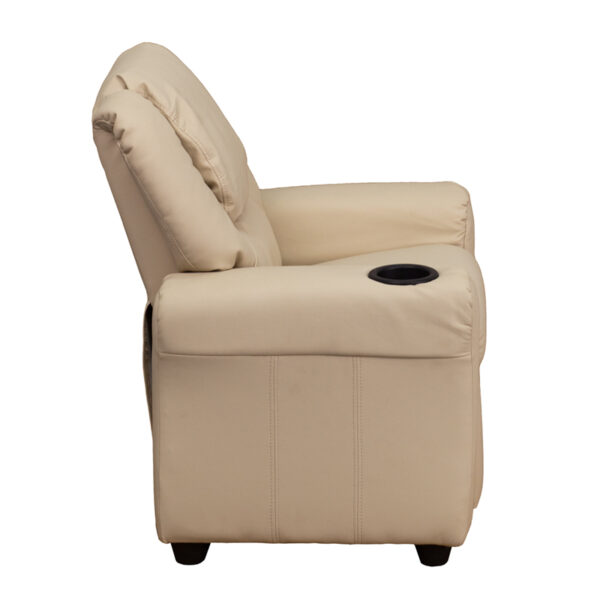 Lowest Price Contemporary Beige Vinyl Kids Recliner with Cup Holder and Headrest