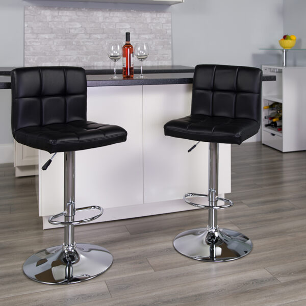 Lowest Price Contemporary Black Quilted Vinyl Adjustable Height Barstool with Chrome Base