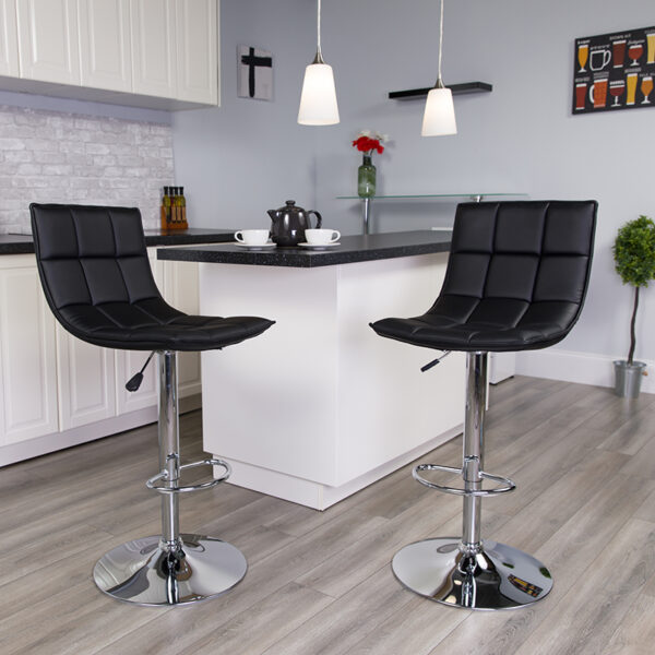 Lowest Price Contemporary Black Quilted Vinyl Adjustable Height Barstool with Elongated Curved Back and Chrome Base