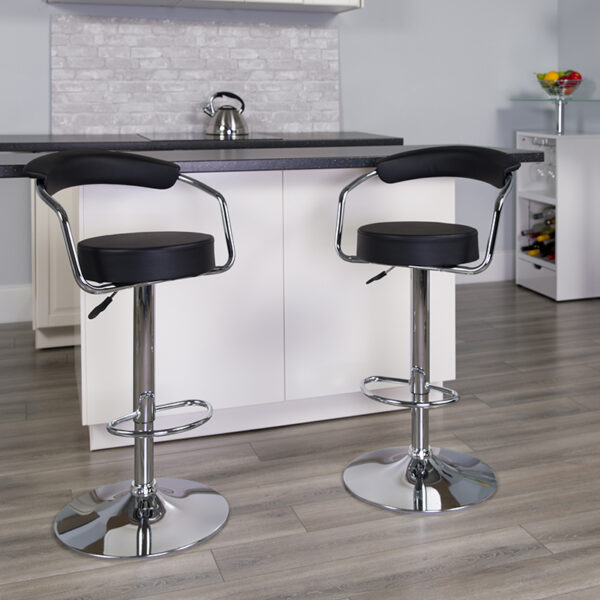 Lowest Price Contemporary Black Vinyl Adjustable Height Barstool with Arms and Chrome Base