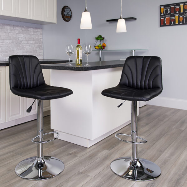 Lowest Price Contemporary Black Vinyl Adjustable Height Barstool with Embellished Stitch Design and Chrome Base
