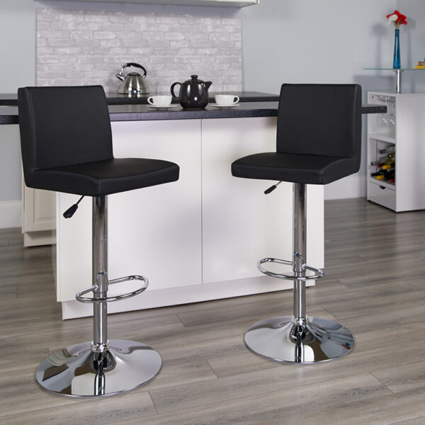 Lowest Price Contemporary Black Vinyl Adjustable Height Barstool with Panel Back and Chrome Base