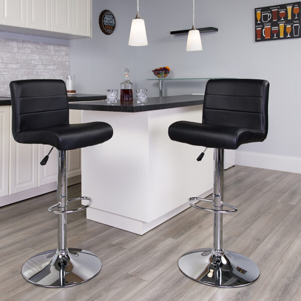 Lowest Price Contemporary Black Vinyl Adjustable Height Barstool with Rolled Seat and Chrome Base