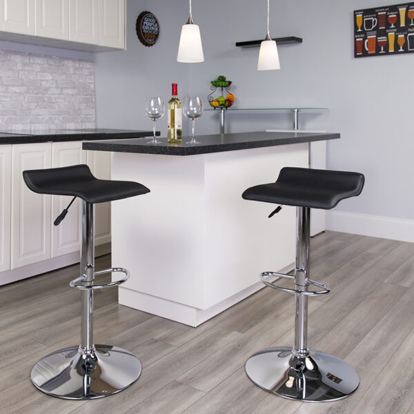 Lowest Price Contemporary Black Vinyl Adjustable Height Barstool with Solid Wave Seat and Chrome Base