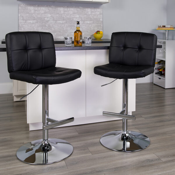 Lowest Price Contemporary Black Vinyl Adjustable Height Barstool with Square Tufted Back and Chrome Base