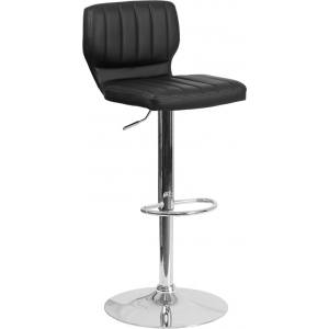 Wholesale Contemporary Black Vinyl Adjustable Height Barstool with Vertical Stitch Back and Chrome Base