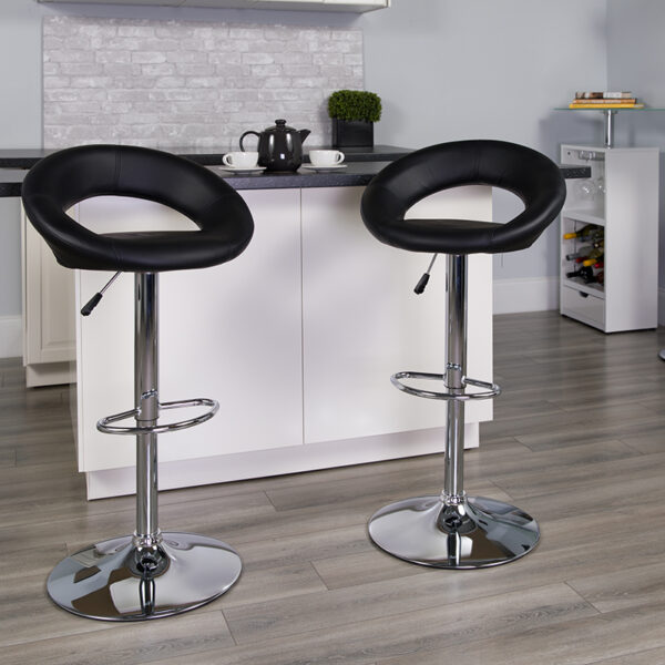 Lowest Price Contemporary Black Vinyl Rounded Orbit-Style Back Adjustable Height Barstool with Chrome Base