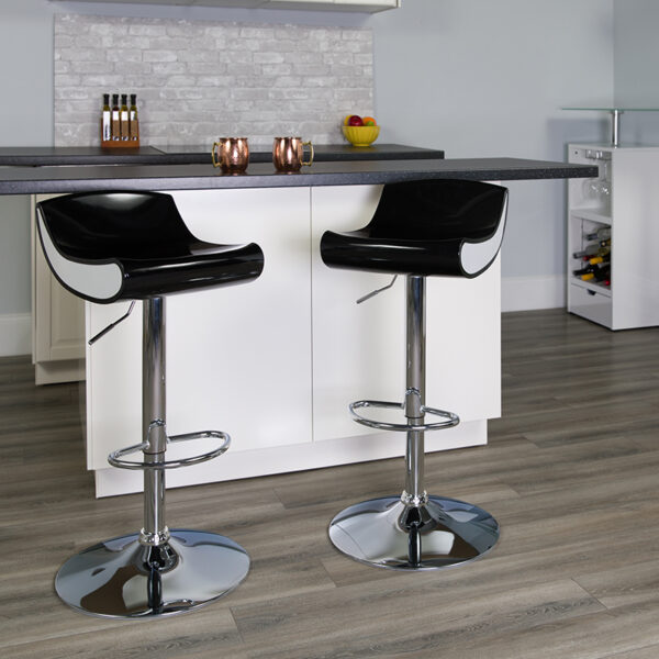 Lowest Price Contemporary Black and White Adjustable Height Plastic Barstool with Chrome Base