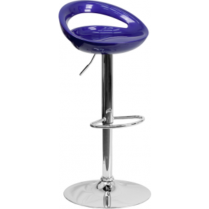 Wholesale Contemporary Blue Plastic Adjustable Height Barstool with Rounded Cutout Back and Chrome Base