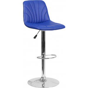 Wholesale Contemporary Blue Vinyl Adjustable Height Barstool with Embellished Stitch Design and Chrome Base