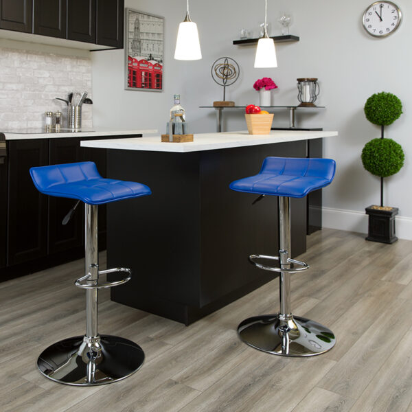 Lowest Price Contemporary Blue Vinyl Adjustable Height Barstool with Quilted Wave Seat and Chrome Base
