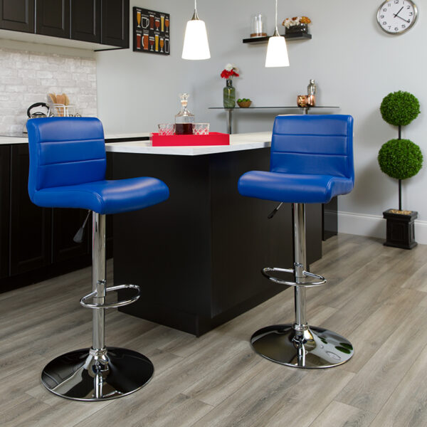 Lowest Price Contemporary Blue Vinyl Adjustable Height Barstool with Rolled Seat and Chrome Base