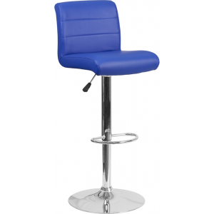 Wholesale Contemporary Blue Vinyl Adjustable Height Barstool with Rolled Seat and Chrome Base
