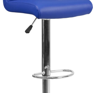 Wholesale Contemporary Blue Vinyl Adjustable Height Barstool with Rolled Seat and Chrome Base