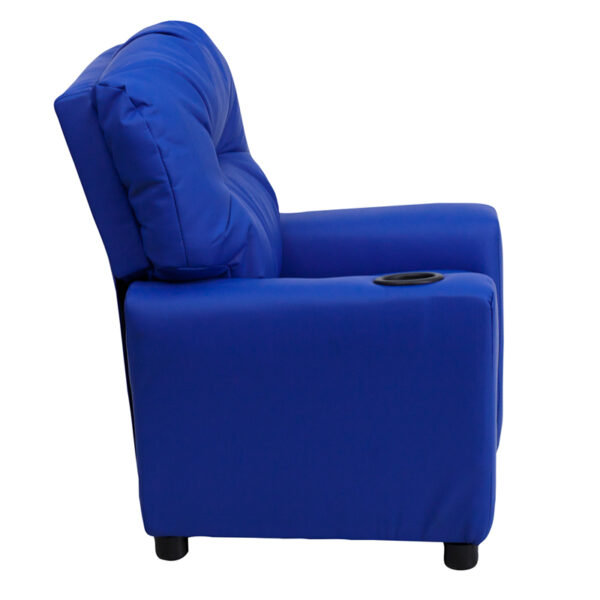 Lowest Price Contemporary Blue Vinyl Kids Recliner with Cup Holder