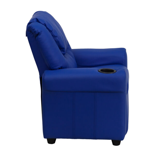 Lowest Price Contemporary Blue Vinyl Kids Recliner with Cup Holder and Headrest