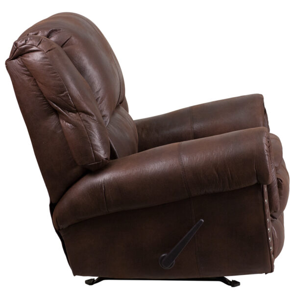 Lowest Price Contemporary Breathable Comfort Padre Espresso Fabric Rocker Recliner with Brass Accent Nail Trim