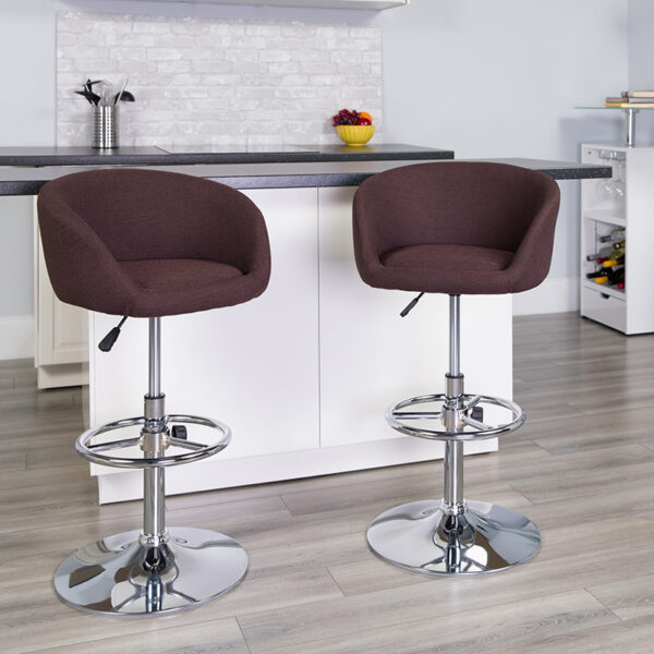 Lowest Price Contemporary Brown Fabric Adjustable Height Barstool with Barrel Back and Chrome Base